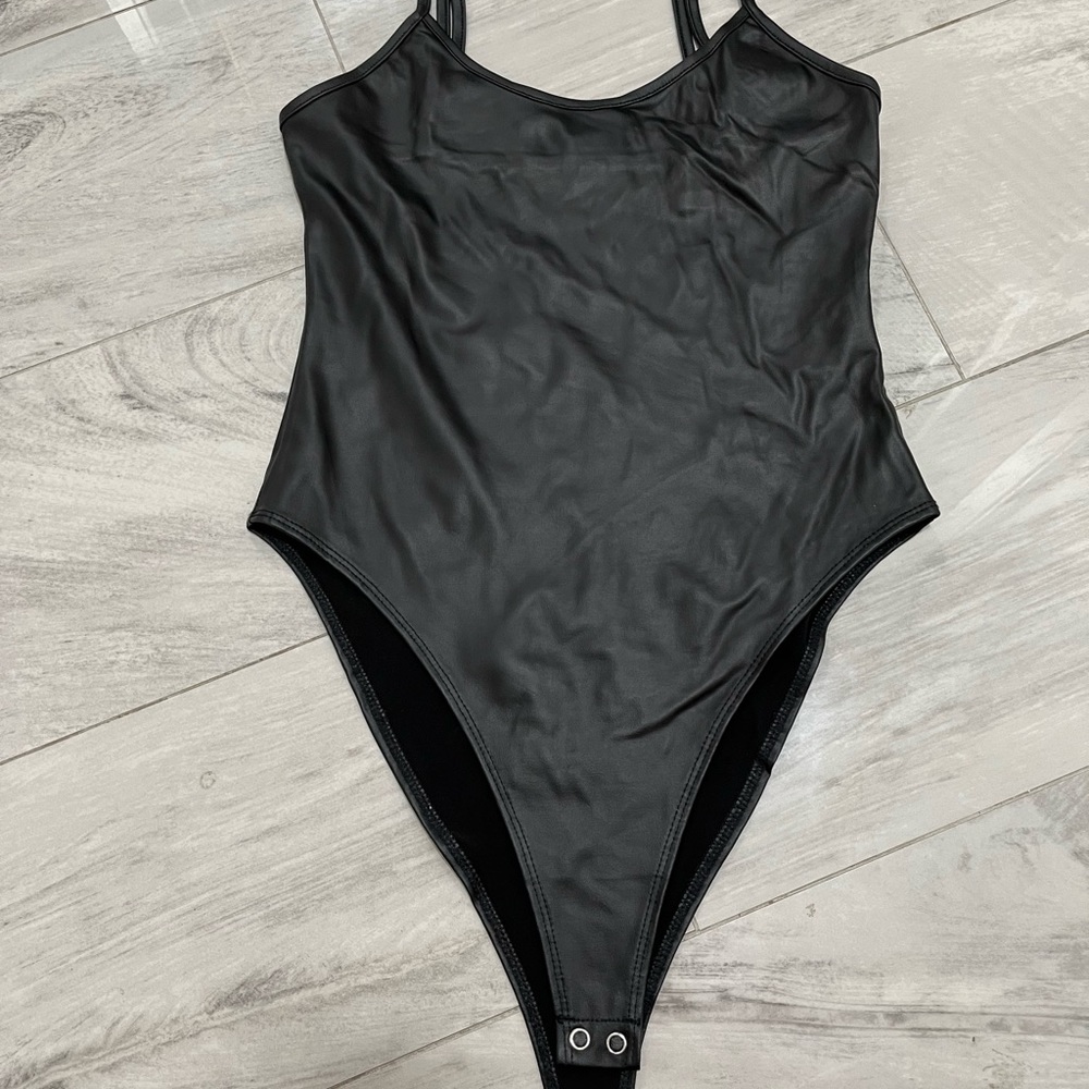Black faux leather bodysuit